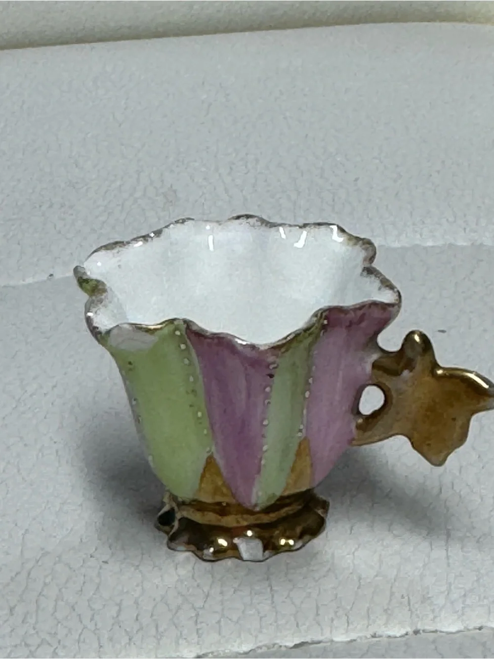 Vintage Miniature Porcelain Teacup Pink and Green Hand Painted with Gold Trim